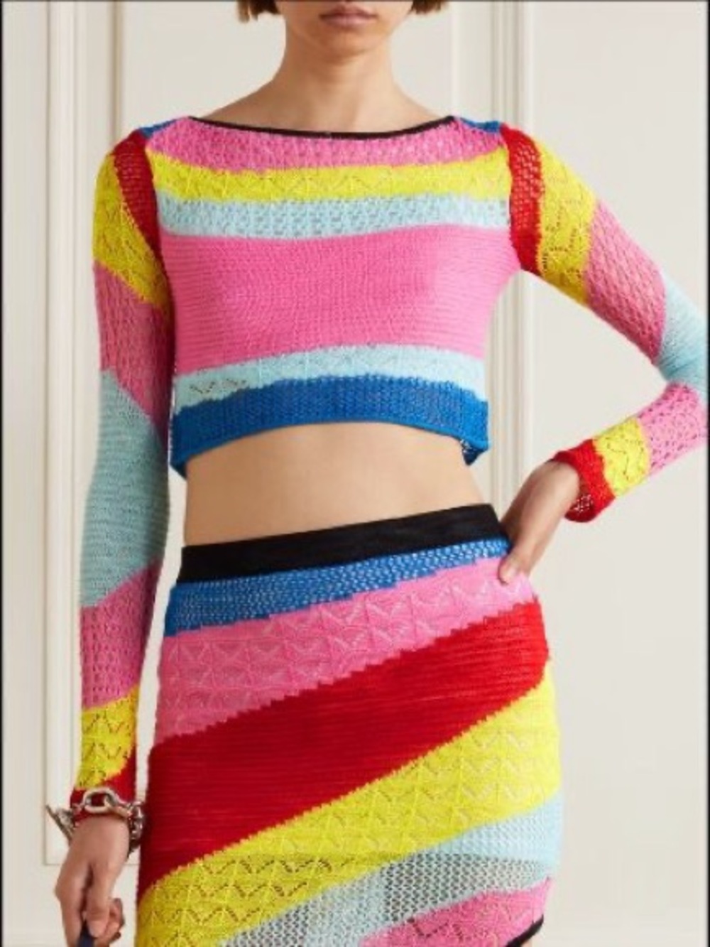 Staud Limousin cropped cutout rainbow striped pointelle-knit top size S small